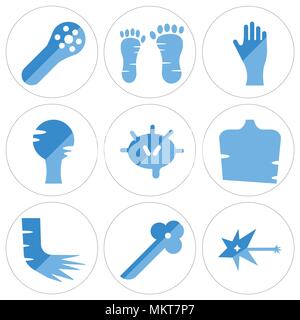 Set di 9 semplici icone modificabili come il Neurone, bronchioli, ossa del piede, uomini torace, Lymphonodus, testa umana, il palmo della mano, piede, fibra muscolare, può essere utilizzato Illustrazione Vettoriale