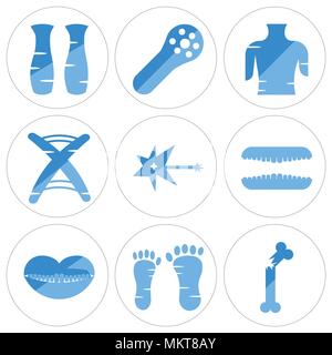 Set di 9 semplici icone modificabile come osso rotto piede umano, la bocca aperta, denti neurone, sequenza di DNA, Femmina tronco, fibra muscolare, lato posteriore delle gambe, c Illustrazione Vettoriale
