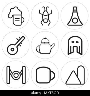 Set di 9 semplici icone modificabile come condimento, Sake, Gong, casco, tè, strumento, Balalaika, scarabeo, birra, può essere usato per il mobile, web Illustrazione Vettoriale