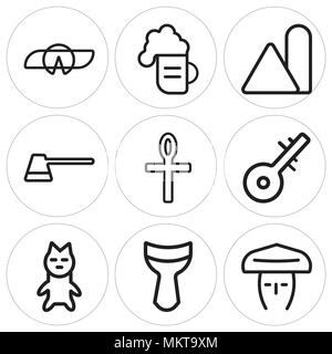 Set di 9 semplici icone modificabili quali Hat, djembe, Cat, strumento, Ankh, caffè, condimento, birra, Fortune cookie possono essere utilizzati per il mobile, web Illustrazione Vettoriale