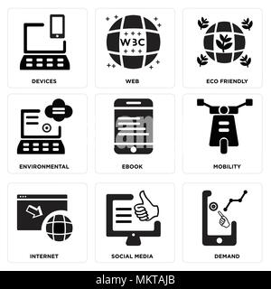 Set di 9 semplici icone modificabili quali Demand, Social Media, Internet e mobilità, Ebook, ambientale, Eco Friendly, il Web, i dispositivi possono essere usati per mob Illustrazione Vettoriale
