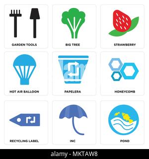 Set di 9 semplici icone modificabile come stagno, Inc, Etichetta di riciclaggio, Honeycomb, Papelera, mongolfiera, fragola, grande albero, utensili da giardino, può essere us Illustrazione Vettoriale