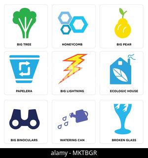 Set di 9 semplici icone modificabili come il vetro rotto, annaffiatoio, grandi binocoli, Ecologic House, fulmini, Papelera, pera, Honeycomb, albero, può essere Illustrazione Vettoriale
