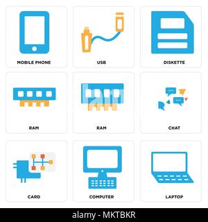 Set di 9 semplici icone modificabile come laptop, computer, scheda, Chat, Ram, dischetto, USB, telefono cellulare, può essere usato per il mobile, web Illustrazione Vettoriale