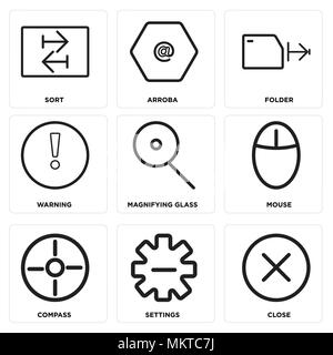 Set di 9 semplici icone modificabile come chiudere, Impostazioni, bussola, mouse, lente di ingrandimento, Avviso cartella, Arroba, Ordina, può essere usato per il mobile, web Illustrazione Vettoriale