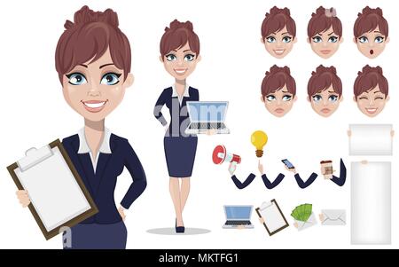 Imprenditrice cartoon character creation set. Bella donna d'affari in ufficio stile vestiti. Costruire il tuo proprio disegno. Parti di corpo e di emozioni. Vettore Illustrazione Vettoriale
