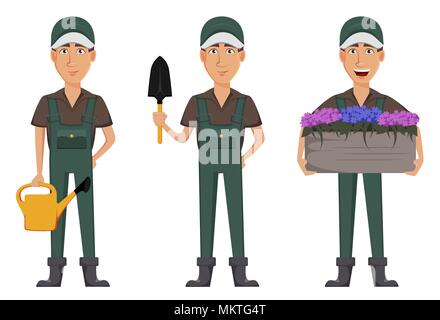 Giardiniere uomo, personaggio dei cartoni animati in uniforme, set di tre pose. Bello l'agricoltore che detiene l'innaffiamento può, tenendo poco pala e tenendo una grande pentola con Illustrazione Vettoriale