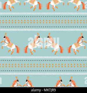 Circus cavallo tribali vettore seamless pattern blu. Illustrazione Vettoriale