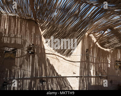 Thunder baldacchino in una luminosa giornata di sole proietta ombre a strisce su una parete bianca, texture di ombre in una giornata di sole. Foto Stock