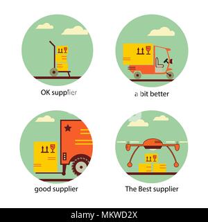 Erogazione del Servizio, Supplie, movimentazione, trasporto e logistica segni set di icone. Appartamento simboli. Illustrazione Vettoriale