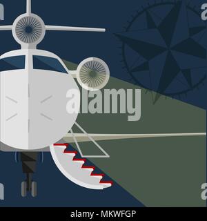 Vector jet privato. Aprire la passerella, tappeto rosso. Rose del vento. Design piatto. stile retrò poster Illustrazione Vettoriale