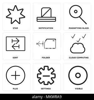 Set di 9 semplici icone modificabile come visibile, Impostazioni, Plus, cloud computing, Cartella, Ordina, lente di ingrandimento, Notifica, stella e può essere usato per m Illustrazione Vettoriale