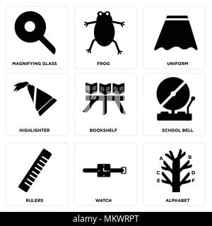 Set di 9 semplici icone modificabile come alfabeto, guarda, righelli, campanello Scuola, libreria, evidenziatore e uniforme, rana, lente di ingrandimento, può essere utilizzata per Illustrazione Vettoriale