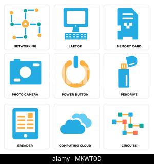 Set di 9 semplici icone modificabile come circuiti, cloud computing, Ereader Pendrive, pulsante di alimentazione, fotocamera, scheda di memoria, Laptop, rete CAN Illustrazione Vettoriale