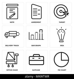 Set di 9 semplici icone modificabile come grafico a torta, valigia, sedia da ufficio, Idea, il grafico a barra, consegna carrello, Target, accordo, nota può essere usata per mo Illustrazione Vettoriale