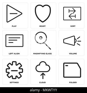 Set di 9 semplici icone modificabile come cartella, Cloud, impostazioni di volume, lente di ingrandimento, allineare a sinistra, ordinare, cuore, il gioco può essere utilizzato per il mobile, web Illustrazione Vettoriale