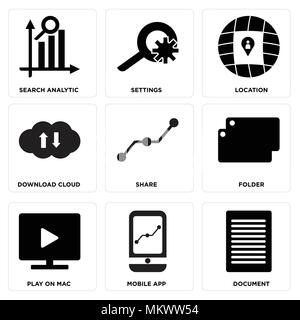 Set di 9 semplici icone modificabile come documento, mobile app, giocare sul Mac, cartella, condivisione, scaricare il cloud, ubicazione, Impostazioni ricerca analitico, può essere u Illustrazione Vettoriale