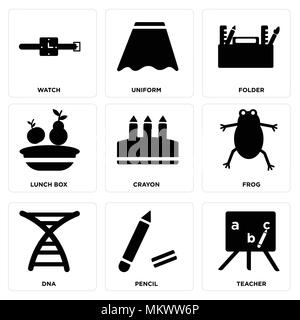 Set di 9 semplici icone modificabile come insegnante, matita, DNA, rana, pastello, una scatola di pranzo, Cartella, uniforme, guarda, può essere usato per il mobile, web Illustrazione Vettoriale