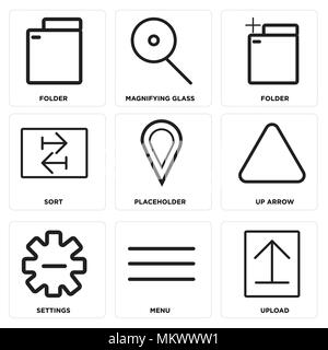 Set di 9 semplici icone modificabile come caricare, Menu, Impostazioni, freccia su, segnaposto, Ordina, Cartella, lente di ingrandimento, può essere usato per il mobile, web Illustrazione Vettoriale