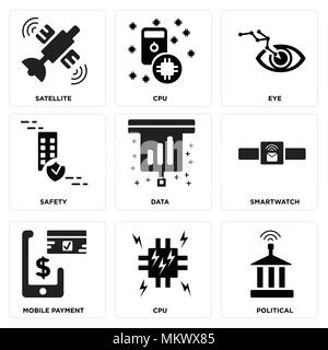 Set di 9 semplici icone modificabile come politico, CPU, pagamento mobile, Smartwatch, Dati, Sicurezza, occhio, satellite, può essere usato per il mobile, web Illustrazione Vettoriale