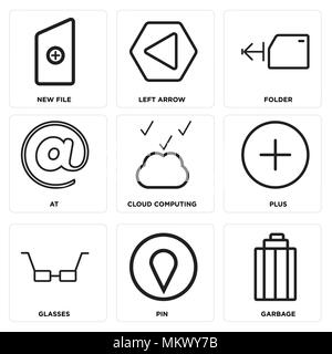 Set di 9 semplici icone modificabile come immondizia, Pin, bicchieri, Plus, cloud computing, a, Cartella, freccia sinistra nuovo file, può essere utilizzato per il mobile, web Illustrazione Vettoriale