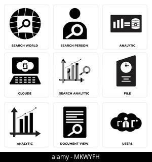 Set di 9 semplici icone modificabili quali utenti, vista Documenti, analitica, file, ricerca analitico, Cloude, persona, mondo, può essere usato per il mobile, web Illustrazione Vettoriale