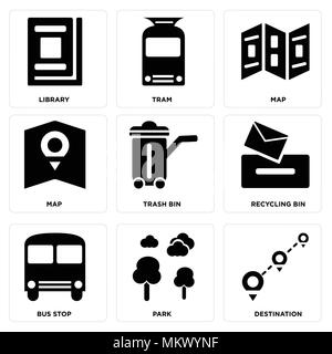 Set di 9 semplici icone modificabile come destinazione, Parco, fermata Bus, contenitore di riciclaggio, Cestino Mappa, Tram, libreria, può essere usato per il mobile, web Illustrazione Vettoriale