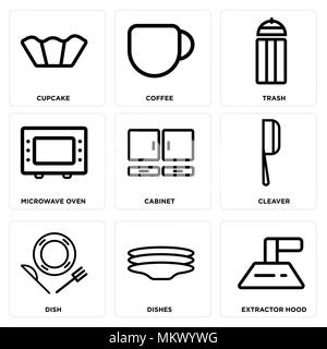 Set di 9 semplici icone modificabile come cappa aspirante, Piatti, Cleaver, cabinet, Forno a microonde, Cestino, caffè, tortina, può essere usato per il mobile, Illustrazione Vettoriale