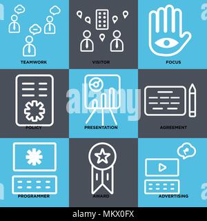 Set di 9 semplici icone modificabili quali pubblicità, Award, programmatore, accordo, presentazione, politica, Focus, Visitatore, il lavoro di gruppo può essere utilizzato per mobi Illustrazione Vettoriale
