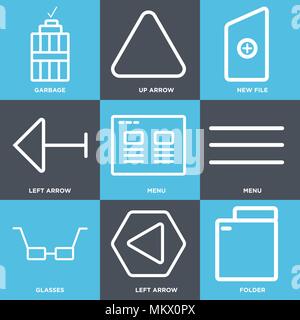 Set di 9 semplici icone modificabile come cartella, freccia sinistra, bicchieri, Menu, Nuovo file, l'immondizia, può essere usato per il mobile, web Illustrazione Vettoriale