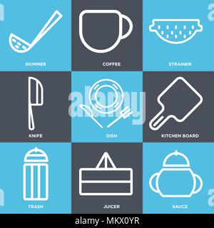 Set di 9 semplici icone modificabile come salsa, spremiagrumi, Cestino, cucina bordo, piatto, coltello, filtro, caffè, skimmer, può essere usato per il mobile, web Illustrazione Vettoriale