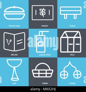 Set di 9 semplici icone modificabile come asciugamani, Timer, Coppa, latte, sapone liquido, ricetta, tabella, frumento, padella, può essere usato per il mobile, web Illustrazione Vettoriale