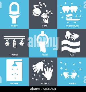 Set di 9 semplici icone modificabile come mani, guanti, doccia, lavare, asciugamano, spugna, spazzolino da denti, sapone, wc, può essere usato per il mobile, web Illustrazione Vettoriale