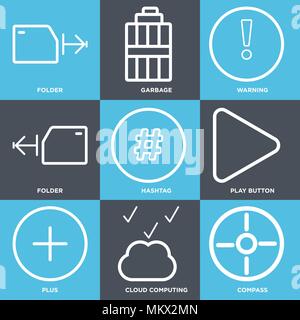 Set di 9 semplici icone modificabile come bussola, cloud computing, Plus, il pulsante Play, Hashtag, Cartella, Avviso, immondizia, può essere usato per il mobile, web Illustrazione Vettoriale