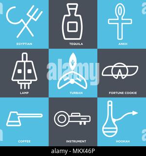 Set di 9 semplici icone modificabile come narghilè, strumento, caffè, biscotti della fortuna, Turbante, lampada, Ankh, Tequila, egiziano, può essere usato per il mobile, web Illustrazione Vettoriale