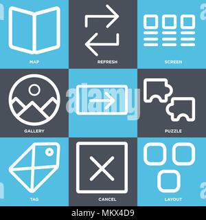 Set di 9 semplici icone modificabile come Layout, Annulla, tag, Puzzle Gallery, schermo, Aggiorna, Mappa, può essere usato per il mobile, web Illustrazione Vettoriale