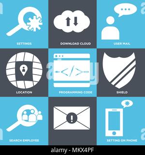 Set di 9 semplici icone modificabile come impostazione sul telefono, cercare dipendente, protezione, codice di programmazione, ubicazione, utente e-mail, scaricare il cloud, impostazioni possono Illustrazione Vettoriale