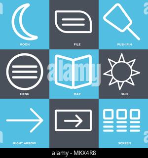 Set di 9 semplici icone modificabile come schermo, freccia destra, Sun, Mappa, menu, spingere il pin, File, Luna, può essere usato per il mobile, web Illustrazione Vettoriale