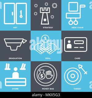 Set di 9 semplici icone modificabile come bersaglio, sacco di denaro, Store, scheda, trattare, laurea, una scrivania con sedia, strategia, la chiave può essere utilizzata per il mobile, web Illustrazione Vettoriale