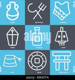 Set di 9 semplici icone modificabili quali Torii gate, Coin, cappello, lampada, Tequila, Papa, poncho, egiziano, VASE, può essere usato per il mobile, web Illustrazione Vettoriale