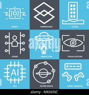 Set di 9 semplici icone modificabile come console di gioco, spazio esterno, CPU, visualizzazione, rapimento, utenti, inondazione, dimensioni, Robot, può essere utilizzato per mobi Illustrazione Vettoriale