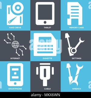 Set di 9 semplici icone modificabile come chiave, cavo, Smartphone, Impostazioni, dischetto, Internet, scheda di memoria, Tablet, unità disco rigido e può essere utilizzato per la mobil Illustrazione Vettoriale