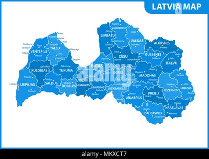 La mappa dettagliata della Lettonia con le regioni o gli stati e le città capitali. Divisione amministrativa Illustrazione Vettoriale