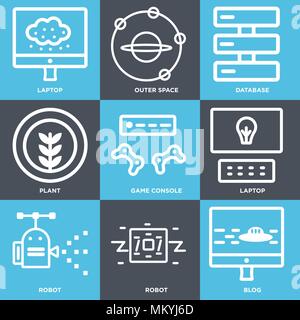 Set di 9 semplici icone modificabili quali Blog, Robot, laptop, console di gioco, impianto, Database, spazio esterno, può essere usato per il mobile, web Illustrazione Vettoriale