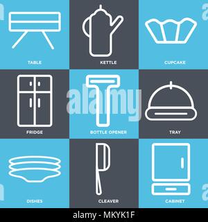 Set di 9 semplici icone modificabili quali cabinet, Cleaver, piatti, vassoio, apribottiglie, Frigo, tortina, bollitore, la tabella può essere utilizzata per il mobile, web Illustrazione Vettoriale