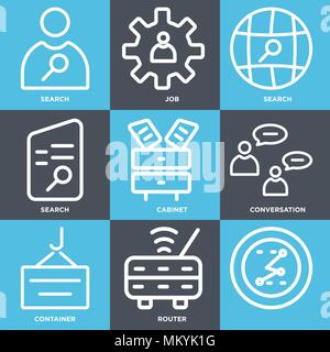 Set di 9 semplici icone modificabile come router, contenitore, Conversazione, cabinet, la ricerca, il lavoro può essere utilizzato per il mobile, web Illustrazione Vettoriale