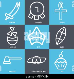 Set di 9 semplici icone modificabile come torta, Fortune cookie, caffè, Surf, cappuccio, nachos, Ankh, canna, spada, può essere usato per il mobile, web Illustrazione Vettoriale