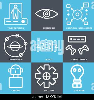Set di 9 semplici icone modificabile come maschera a gas, soluzione, Cyborg, console di gioco, Robot, spazio esterno, intelligenza artificiale sottomarino, il Teletrasporto Illustrazione Vettoriale
