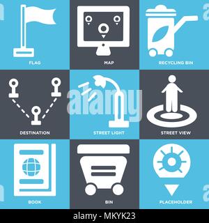 Set di 9 semplici icone modificabile come segnaposto, Bin, Libro, Street View, luce, Destinazione, contenitore di riciclaggio, Mappa, Bandiera, può essere usato per il mobile, web Illustrazione Vettoriale