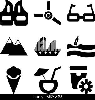 Set di 9 semplici icone modificabile come Sun unguento, Cocktail di cocco, di due gelati, un messaggio in bottiglia sull'acqua, la piccola barca a vela, piramidi, Sun Illustrazione Vettoriale